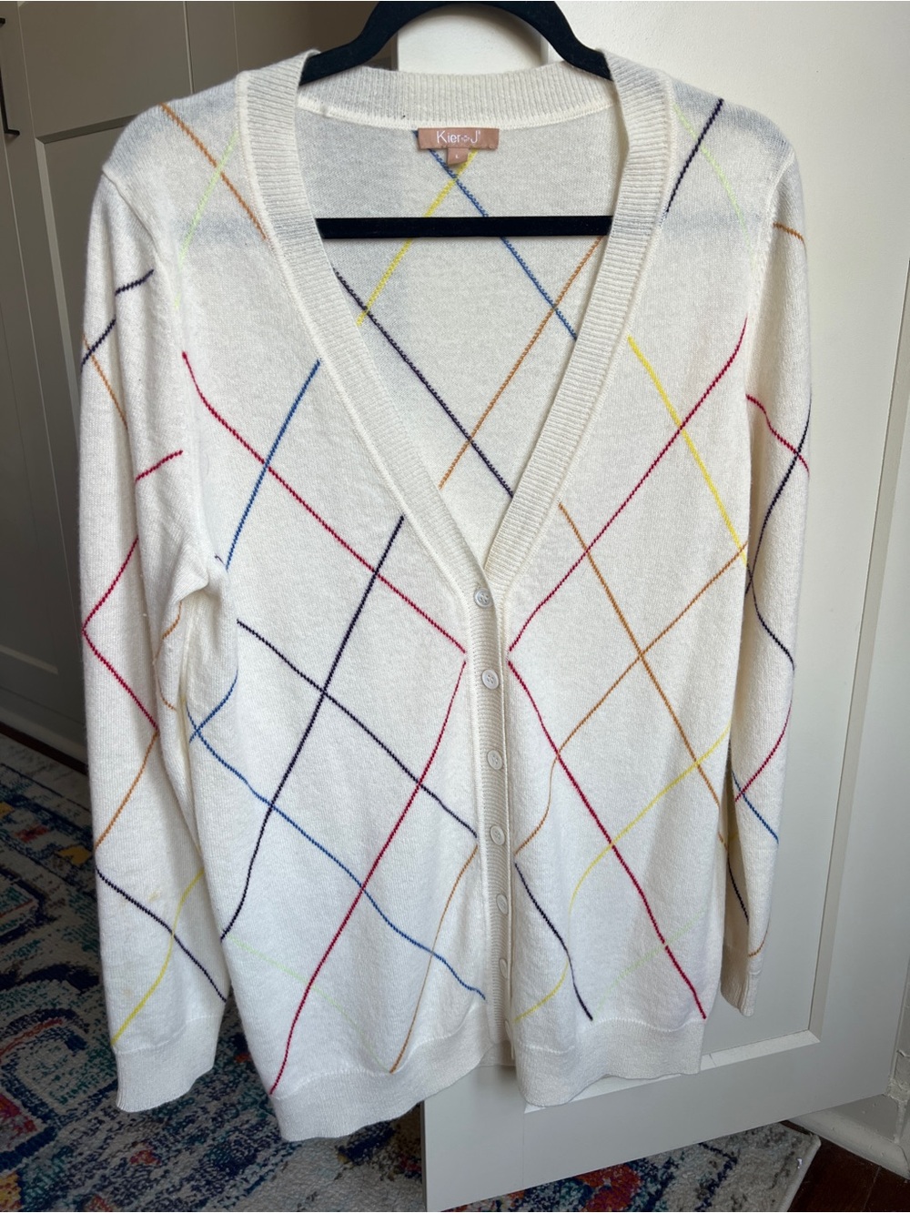 Kier J 100% Cashmere Rainbow Argyle V-Neck Button Cardigan Sweater - Size L